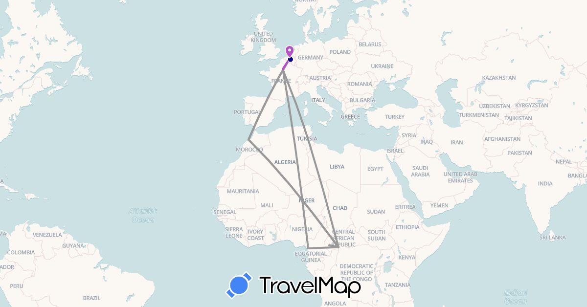 TravelMap itinerary: driving, plane, train in Belgium, Central African Republic, Cameroon, France, Morocco (Africa, Europe)