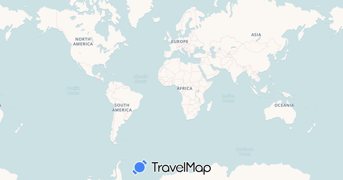 TravelMap itinerary: driving, plane, train in Belgium, Central African Republic, Cameroon, France, Morocco (Africa, Europe)